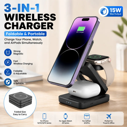 3 in 1 Wireless Charger Stand Magnetic Foldable Wireless Charger